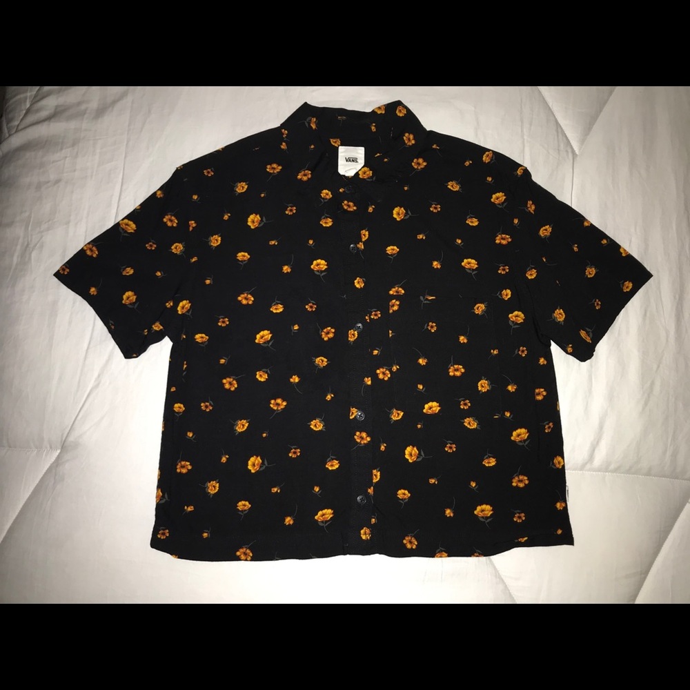 Vans Black Short-Sleeve Button-Down Shirt with Yellow Floral Print